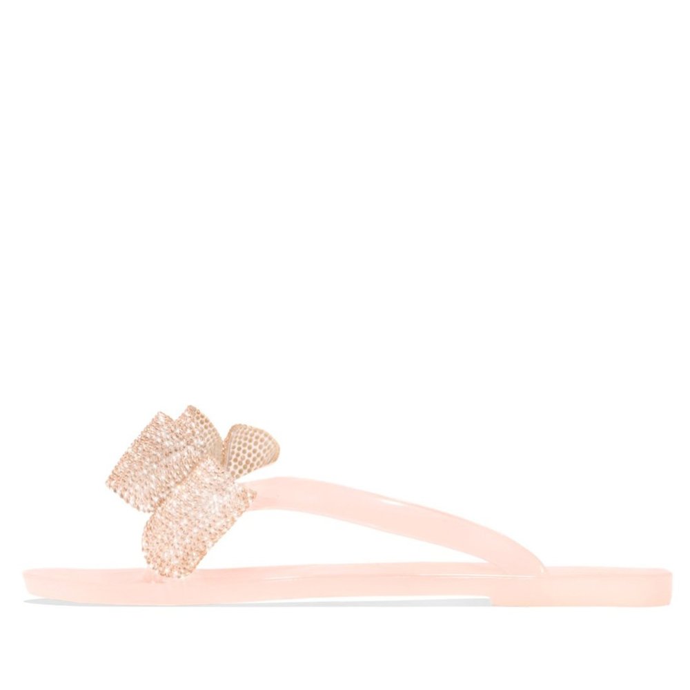 NEW🔥 Nude Thong Open Toe Diamante Rhinestone Bow Jelly Slide Sandal Flip Flops - Picture 6 of 9
